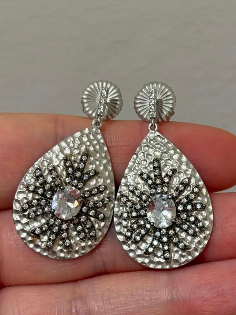 FR 925 Sterling Silver Teardrop Crystal Sunburst Drop Earrings